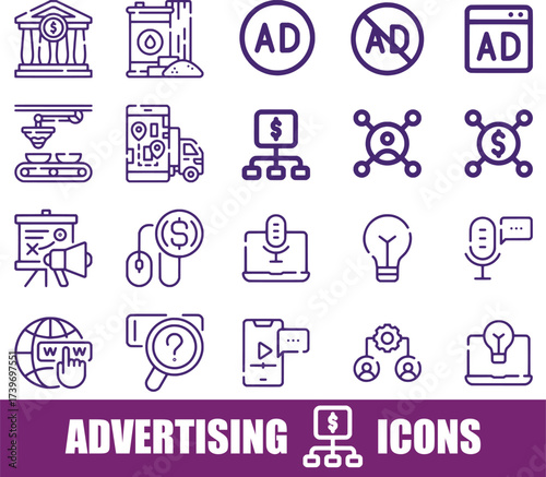 Advertising and Marketing Icons: Business, Digital, and Strategy Concepts
