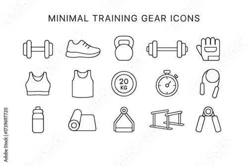 Minimalist training gear icons featuring dumbbells, kettlebell, and stopwatch
