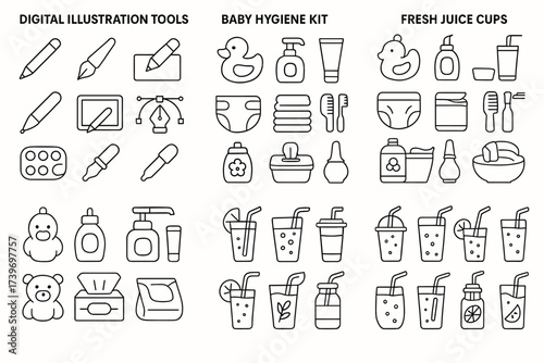 Digital tools, baby kit, fresh juice: icons for design and lifestyle