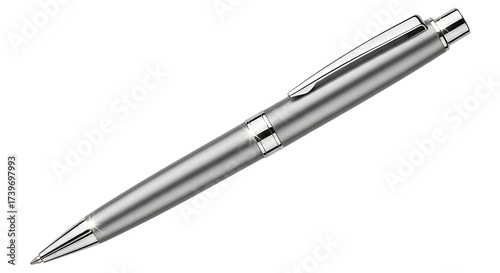 A sleek, modern silver ballpoint pen with a clip, isolated on a clean transparent background, perfect for writing and office supplies