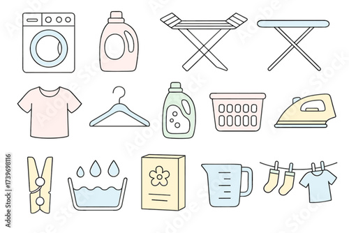 Laundry icon set: washing machine, detergent, ironing board, clothing, basket, symbols