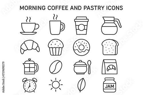 Morning coffee and pastry icons: cups, croissant, muffin, donut, bread, jam jar, coffee pot, alarm clock