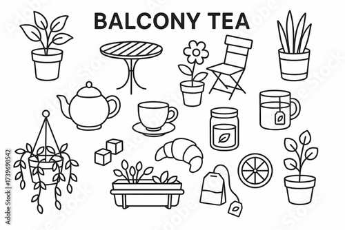 Balcony tea set: plants, furniture, and teaware in black line art for relaxing outdoor moments