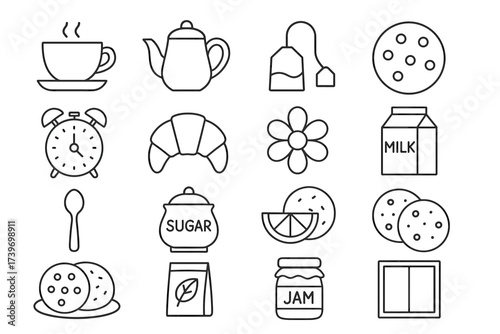 Breakfast essentials: tea, coffee, milk, croissant, sugar, jam, cookies, alarm, spoon, teabags
