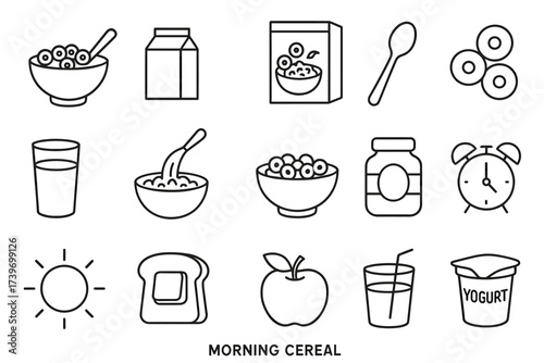 Breakfast icons: cereal, milk, toast, juice, sun, apple, alarm clock, yogurt