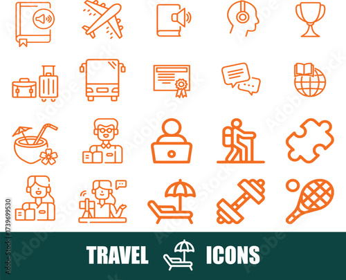 Orange Line Art Icons Representing Travel, Leisure, and Education