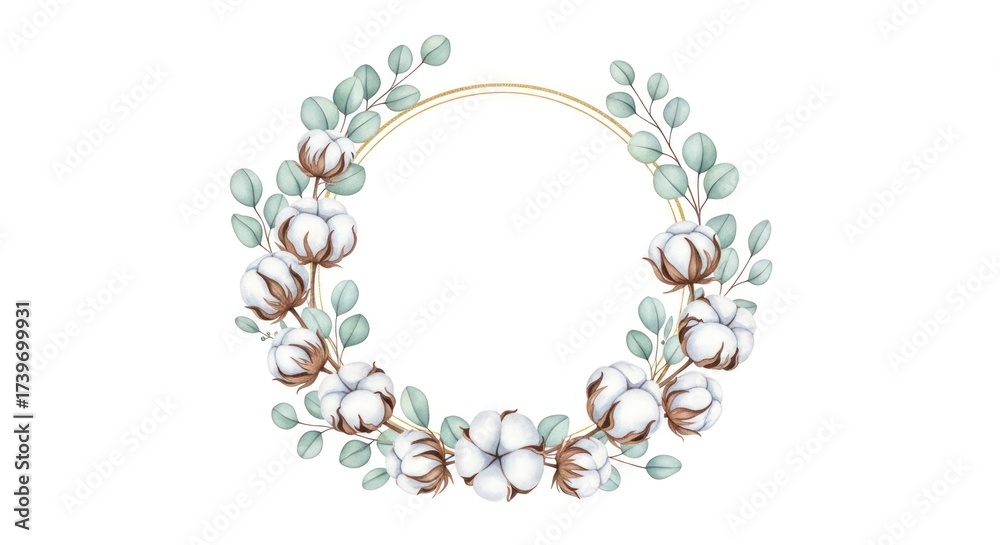 Obraz premium Delicate Watercolor Wreath of Cotton Bolls and Eucalyptus on a Thin Gold Frame.