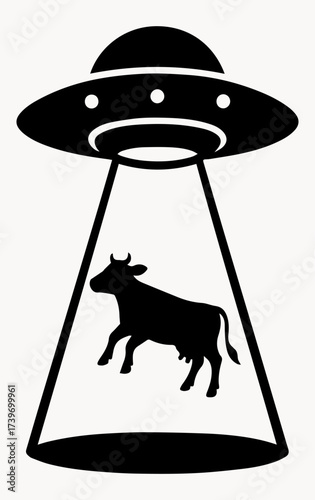 Black and white illustration of a silhouette of a flying saucer that kidnaps a cow on a white isolated background. Vector graphics. EPS.