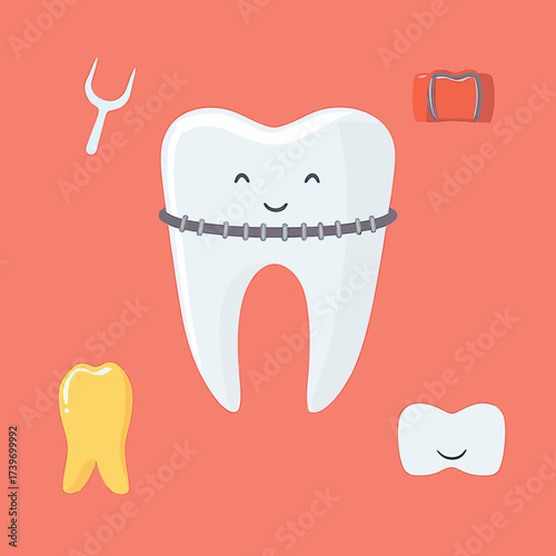 Cute smiling white tooth with braces and dental care icons flat vector illustration on coral background for orthodontics and dental health concept design