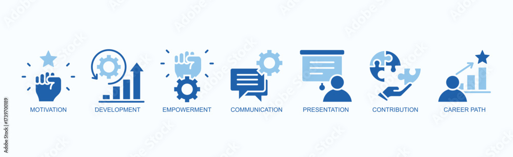 Fototapeta premium Growth Drive Icon Set Isolated Vector With Icon Of Motivation, Development, Empowerment, Communication, Presentation, Contribution, Career Path In Two Color Glyph Style