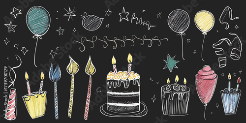 Hand drawn birthday cake candles and colorful balloons doodle sketch party celebration decoration on chalkboard background vector illustration