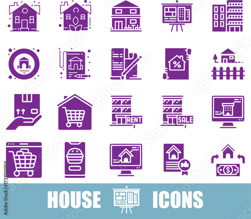 Purple House and Real Estate Icons Set