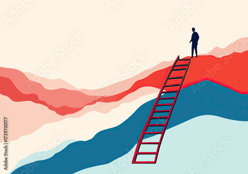 Silhouette person standing on top of hill with long ladder representing achievement success and overcoming challenges in abstract landscape background flat design vector illustration