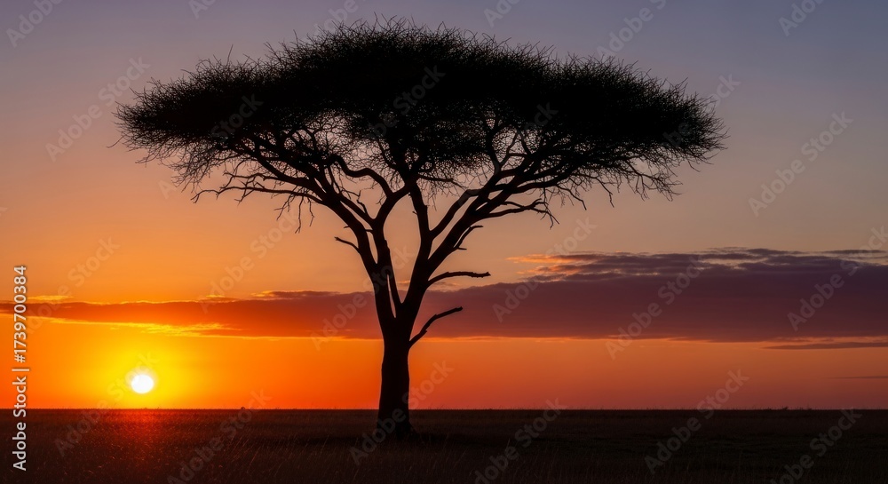 Fototapeta premium Lone Acacia Tree Silhouette Against a Radiant Orange and Purple Sunset