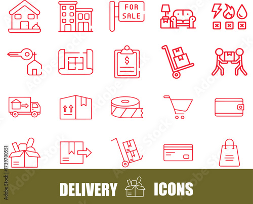 Red Line Icons for Delivery, Real Estate, and Shopping Services