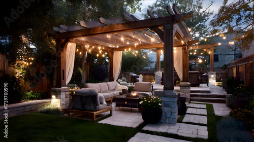 Cozy Outdoor Patio with Warm String Lights at Evening