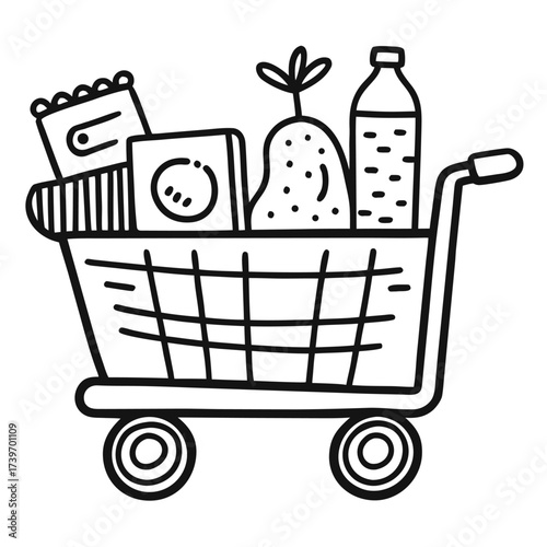 "Hand-drawn doodle cart with wheels full of products, sketch shopping icon, white background"