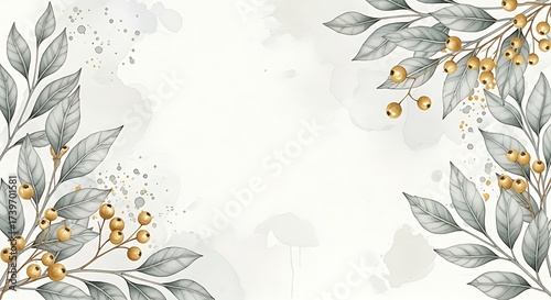 Elegant watercolor floral border with delicate leaves and golden berries on a soft parchment background