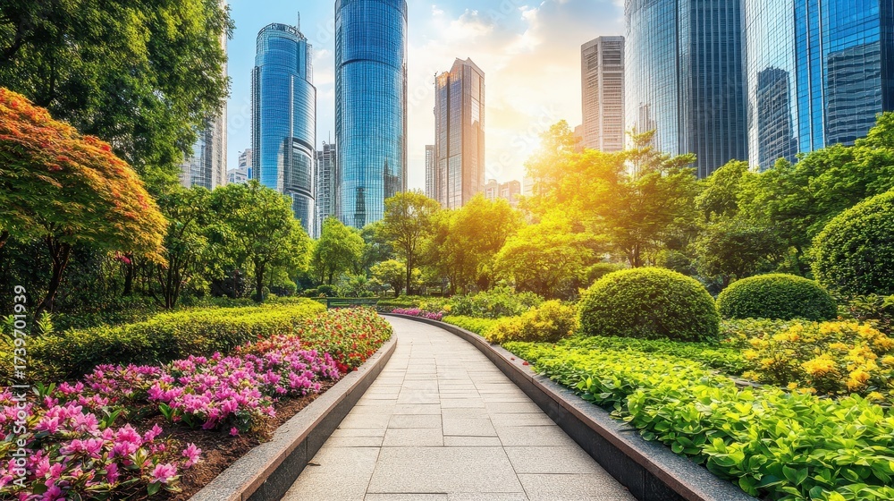 Fototapeta premium Green Urban Park with Walkway and Modern City Buildings