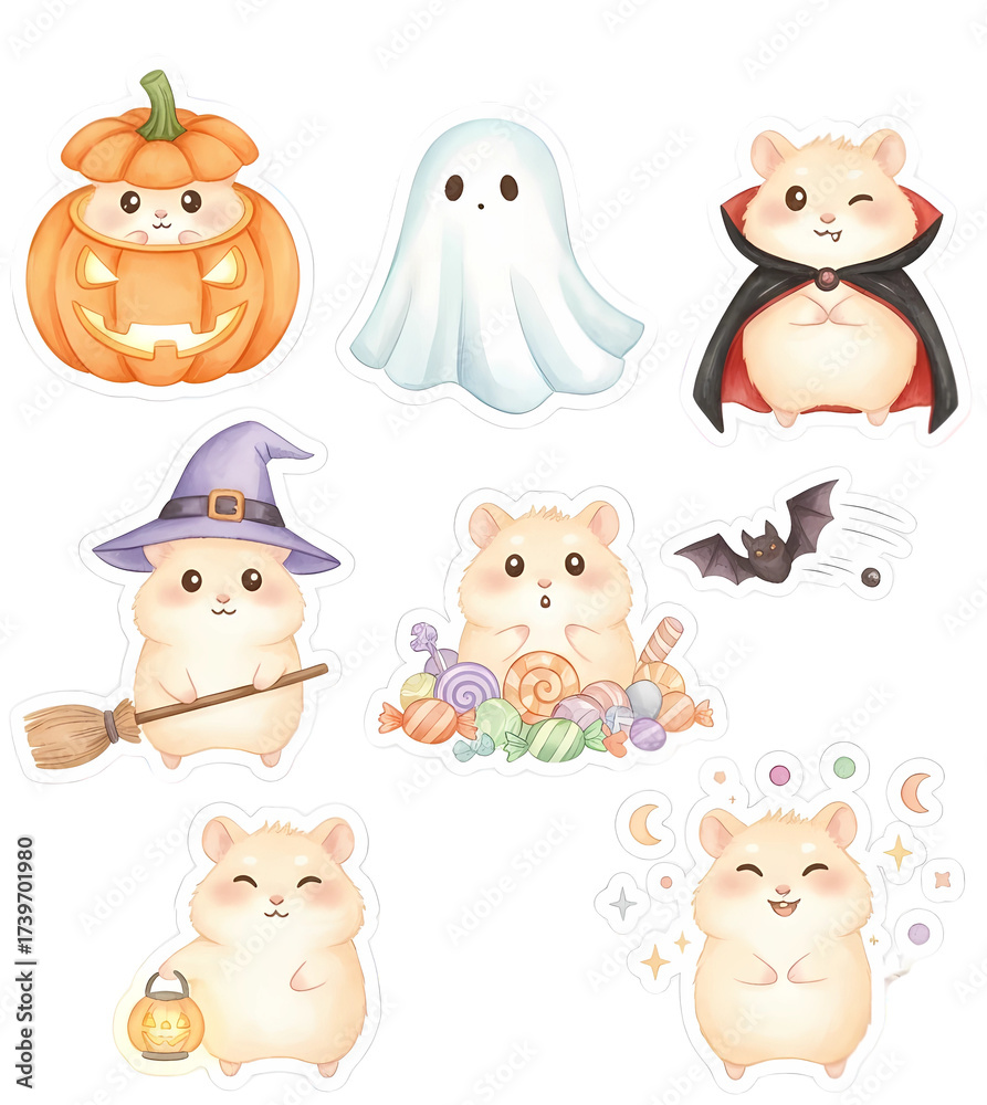 Fototapeta premium Cute hamsters in Halloween costumes with pumpkins and candy 