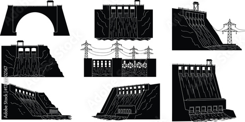 Dam and hydroelectric power silhouette set, water flow, energy infrastructure, spillway design, vector engineering illustration