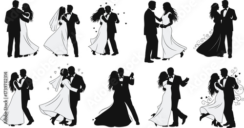 Dancing couple silhouette set, romantic poses, wedding attire, swirling hearts, formal dress, vector design