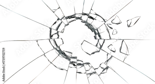 Cracked glass with a circular pattern isolated on transparent background, shattered effect