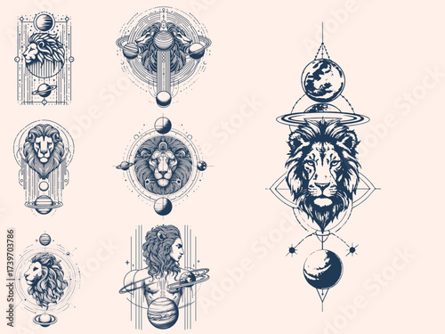 Celestial Leo Zodiac Sign Line Art