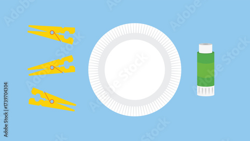 Disposable plastic plate and toothpaste on blue background. Vector illustration.