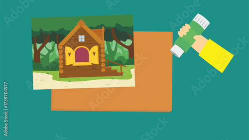 Wooden house in the forest. Vector illustration in flat style.