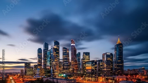 Stunning Moscow City Skyline at Sunset with Modern Skyscrapers and Vibrant City Lights.