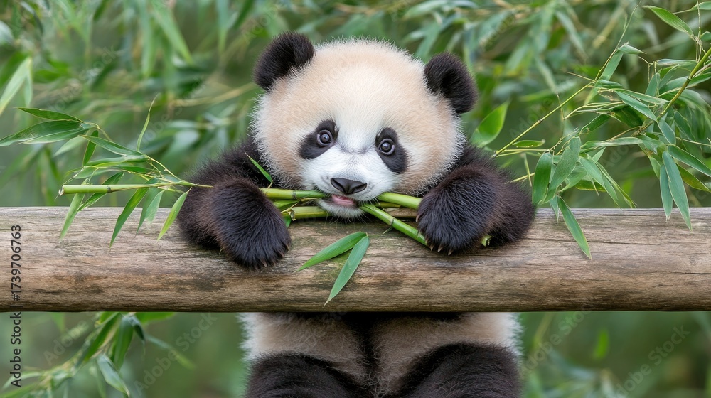 Obraz premium A panda sits comfortably on a wooden bench, munching bamboo shoots amidst lush greenery, showcasing its playful nature in natural sunlight