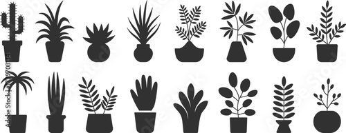 Minimalist black and white plant illustration, cactus and tropical leaves in pots, modern houseplant silhouette design, decorative botanical vector art