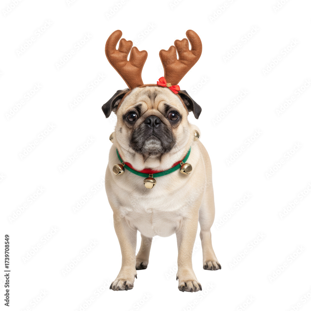 Obraz premium PNG cut out isolated background. A studio portrait of a funny Pug dog with a grumpy expression, sitting while dressed in a Christmas reindeer costume with antlers and a jingle bell collar.