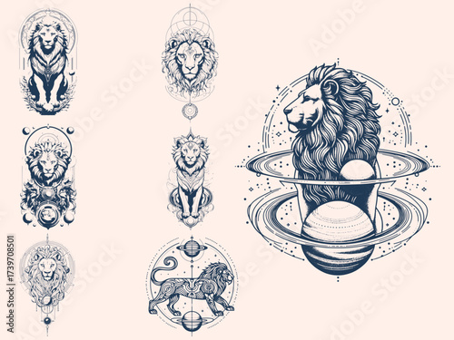 Celestial Leo Zodiac Sign Line Art
