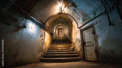 Fototapeta Naklejka Na Ścianę i Meble -  Stunning photo of old abandoned underground bunker with stairs and doors, mysterious place.