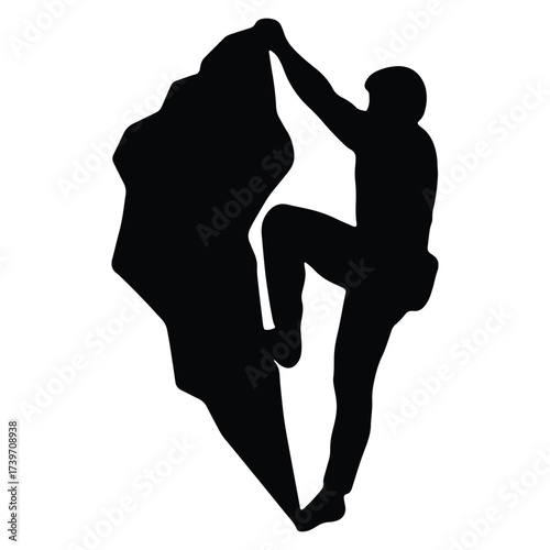 Silhouette of a rock climber scaling a challenging mountain cliff