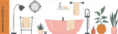 Modern minimalist bathroom interior with bathtub, decorative mirror, indoor plant, floor lamp, vintage bottle, cozy towels, elegant flat illustration
