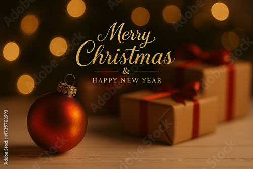 Merry Christmas and Happy New Year text with red bauble and gifts on festive background. Christmas celebration concept.
