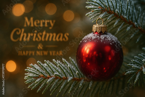 Merry Christmas Happy New Year text with bauble on pine branch festive background. Christmas celebration concept.