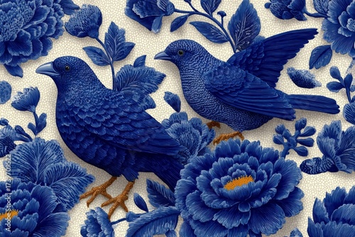 Two blue birds in a meadow of flowers. Generative AI