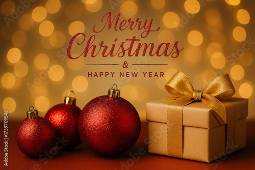 Merry Christmas and Happy New Year text with red baubles and golden gifts on festive background. Christmas celebration concept.