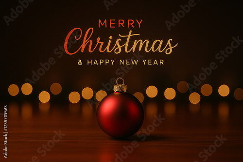 Merry Christmas and Happy New Year text with red bauble on warm glowing festive background. Christmas celebration concept.