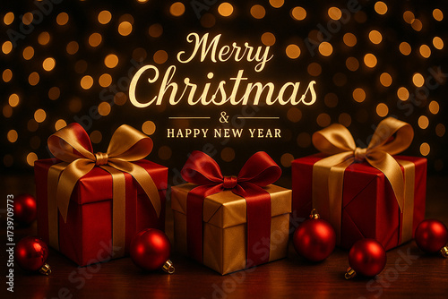 Merry Christmas Happy New Year text with red presents and golden sparkles on dark.