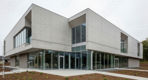 Angular Concrete and Glass Facade of a Modern Institutional Building Under an Overcast Sky.