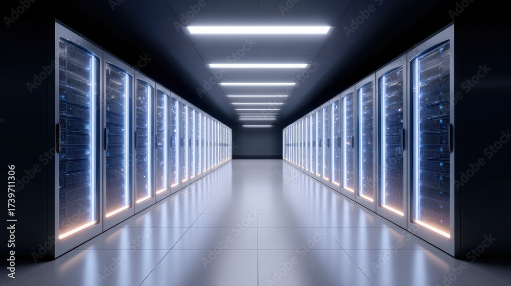 Fototapeta premium Impressive view down data center corridor lined with server racks. powerful supercomputer using advanced technology for network hosting, database, and internet cloud computing