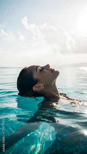 A woman floats peacefully in the clear blue ocean water, looking up at the bright sky and feeling the warm sun on her face.