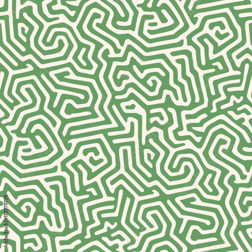 Vector seamless pattern with abstract maze, labyrinth, organic shapes, quirky liquid lines. Simple funky green and white vector background with bio structures, brain texture, coral. Repeated design