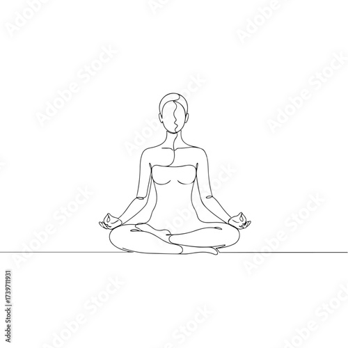 Woman meditating in lotus position, line art on white background