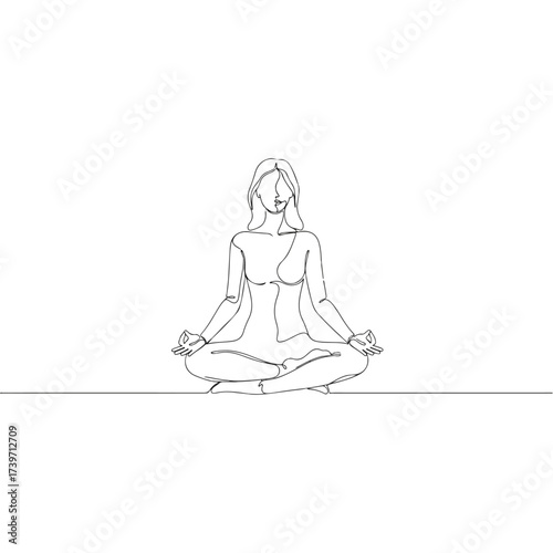 Woman in lotus position meditating, single line art on white